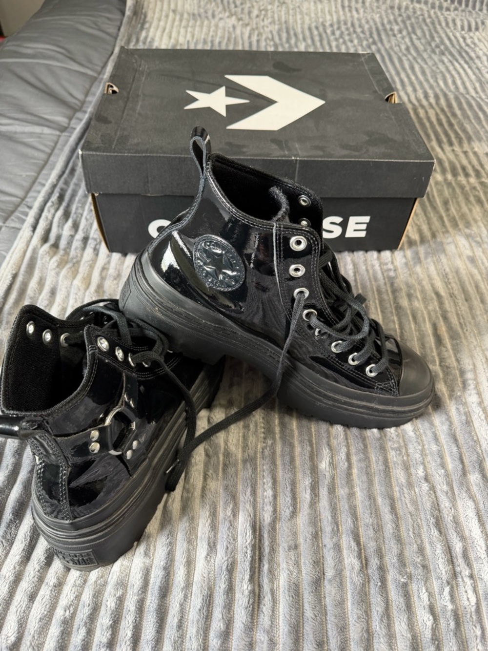 Converse Black Patent Platform High Top Sneakers Combat Boots